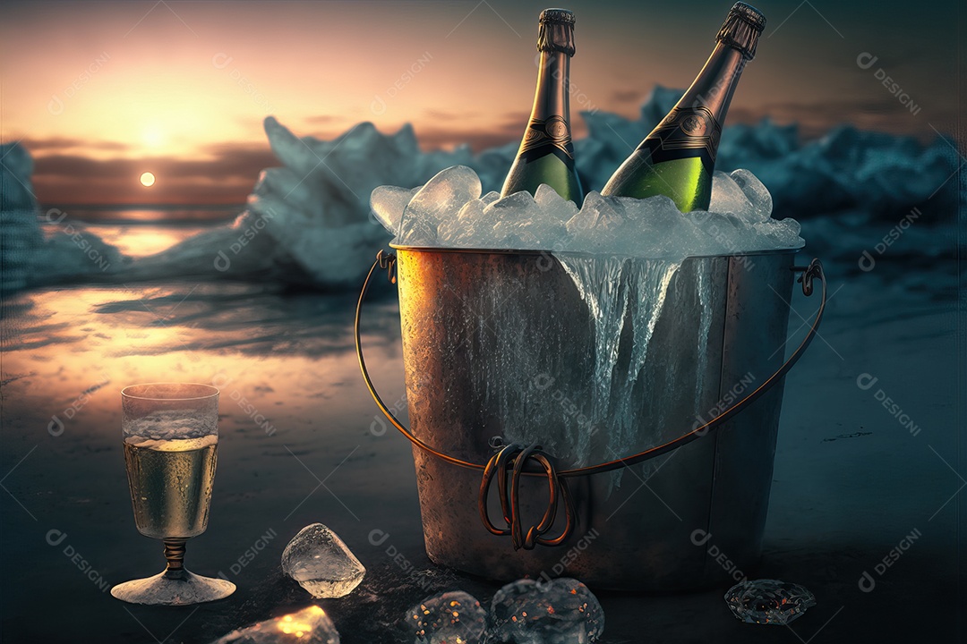 Dois copos e uma garrafa de champanhe em um balde de metal com gelo na celebração da festa de ano novo à noite na praia.