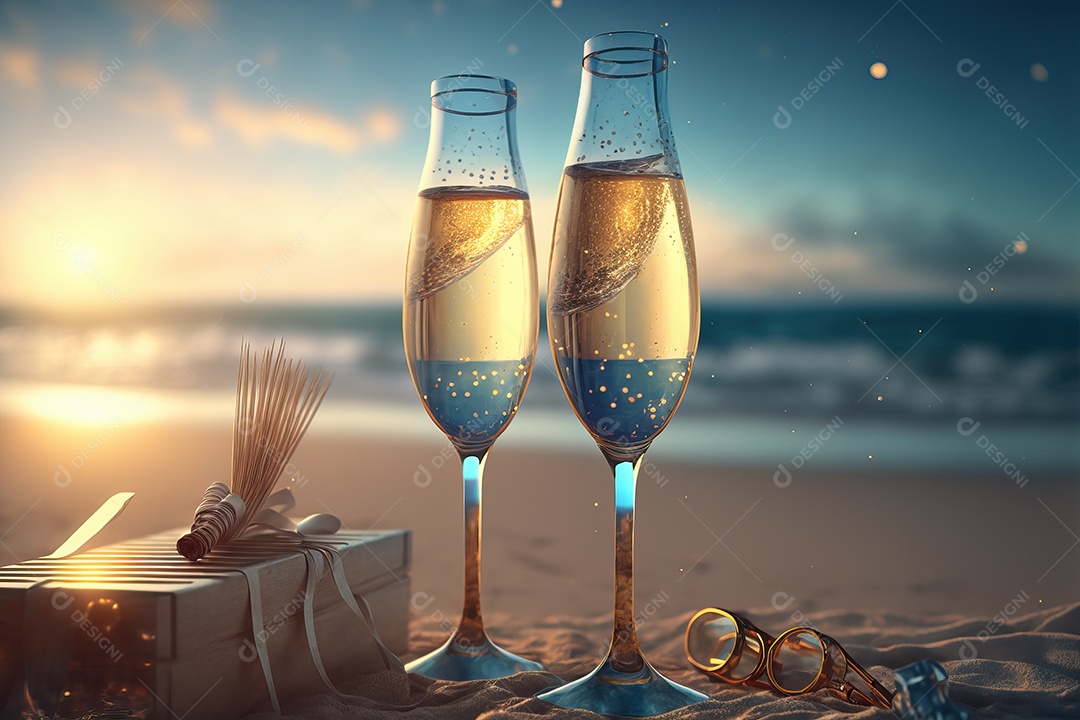 Dois copos e uma garrafa de champanhe em um balde de metal com gelo na celebração da festa de ano novo à noite na praia.