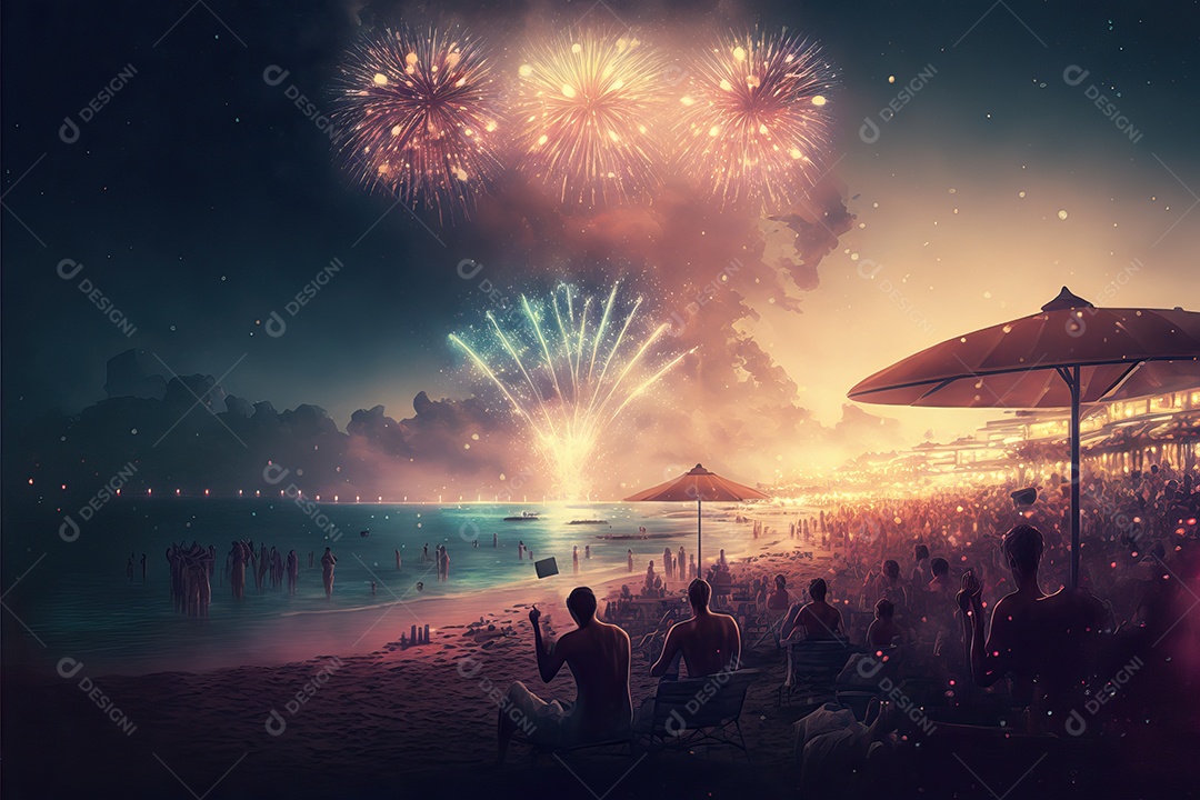 Celebração da festa de Ano Novo à noite na praia com fogos de artifício.