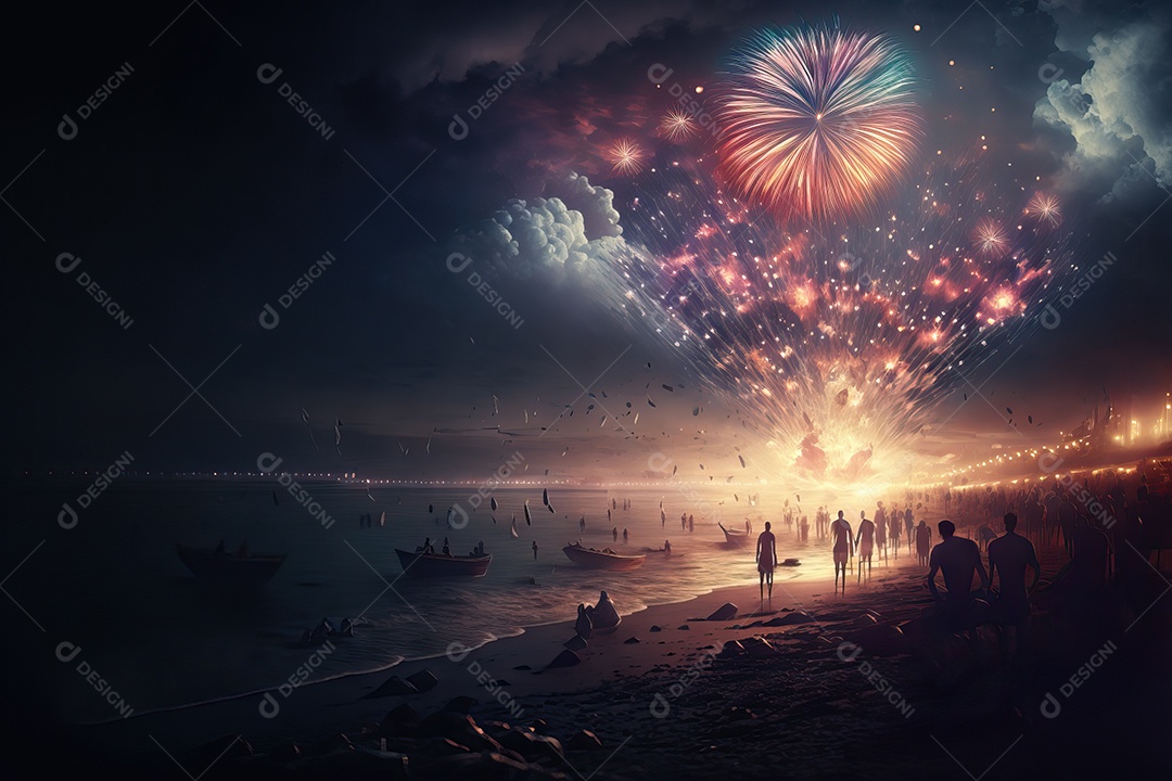 Celebração da festa de Ano Novo à noite na praia com fogos de artifício.