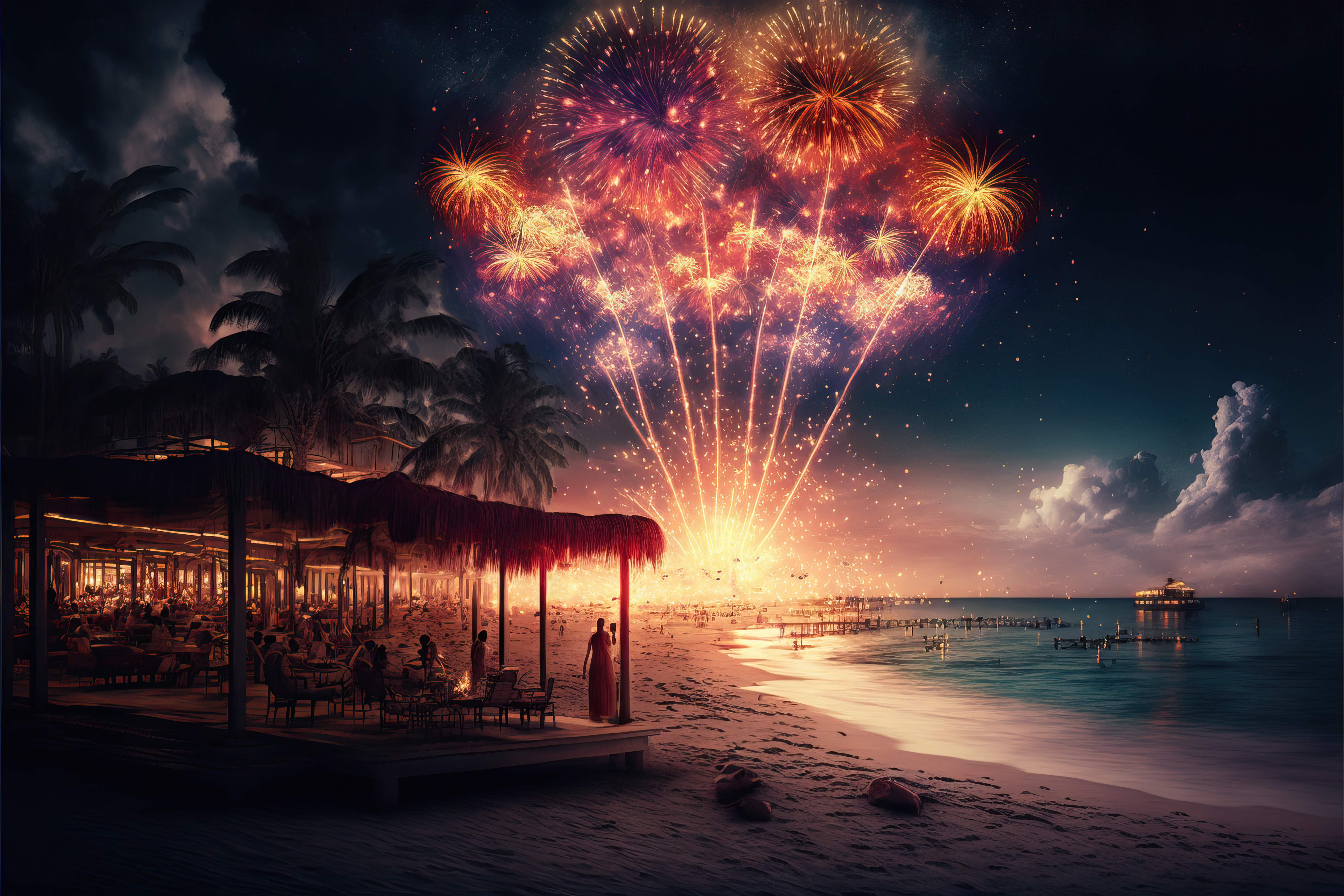 Celebração da festa de Ano Novo à noite na praia com fogos de artifício.