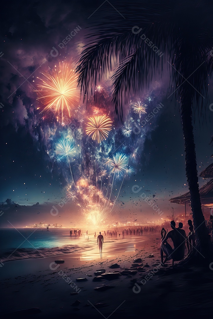 Celebração da festa de Ano Novo à noite na praia com fogos de artifício.