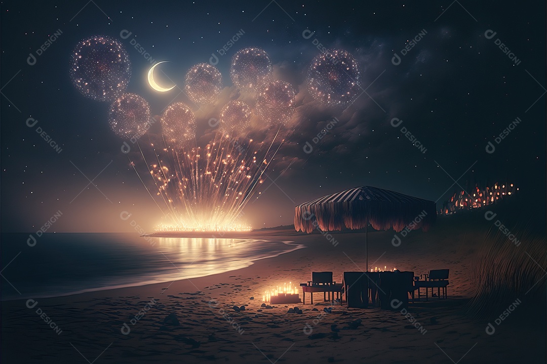 New Year party celebration at night on the beach with fireworks.