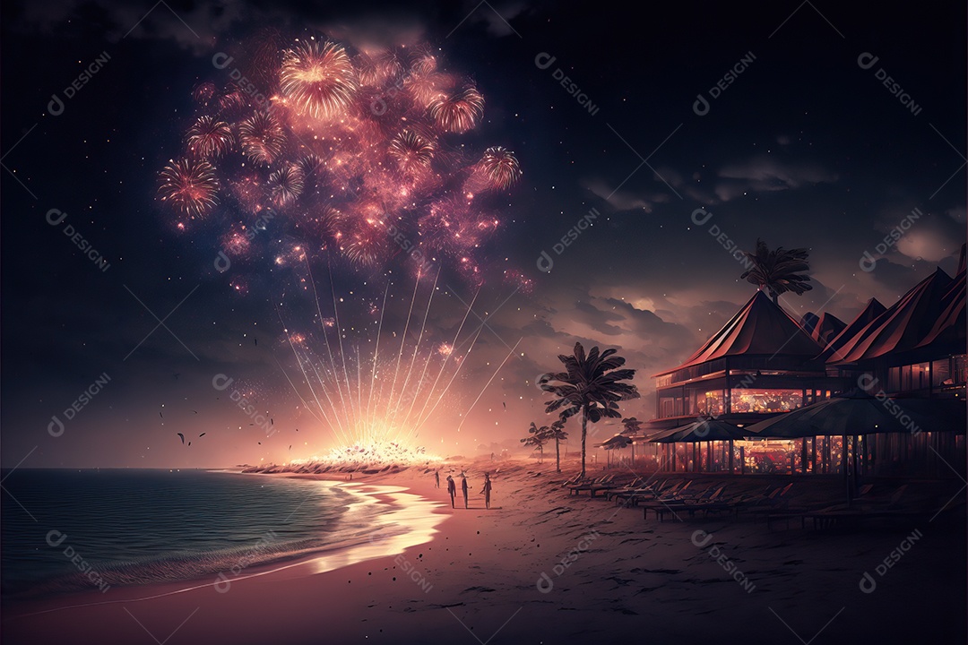 Celebração da festa de Ano Novo à noite na praia com fogos de artifício.