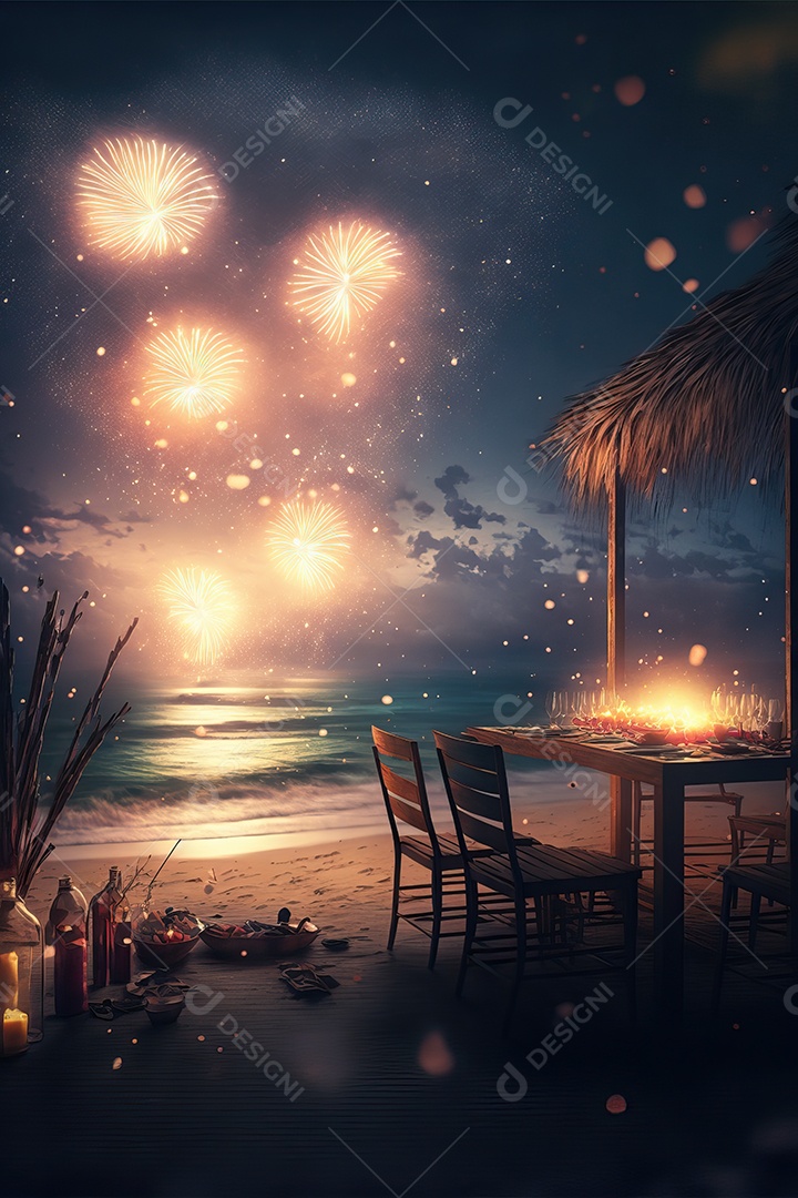 Celebração da festa de Ano Novo à noite na praia com fogos de artifício.