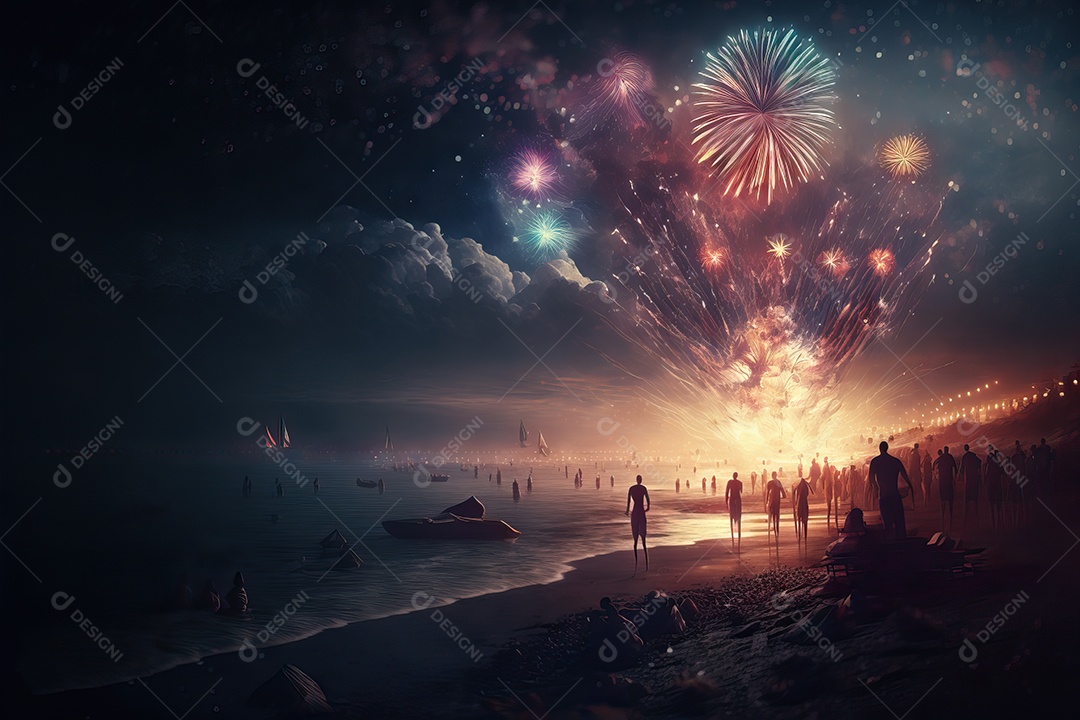 Celebração da festa de Ano Novo à noite na praia com fogos de artifício.