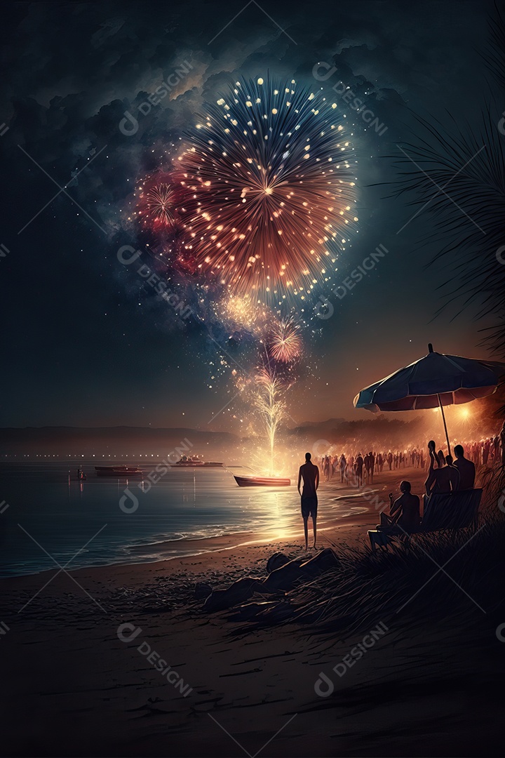 Celebração da festa de Ano Novo à noite na praia com fogos de artifício.