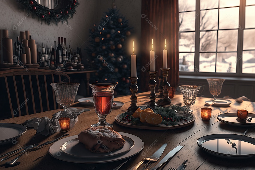 Cenário de mesa para celebração de Natal ou Ano Novo na sala de estar com lareira e árvore de Natal.