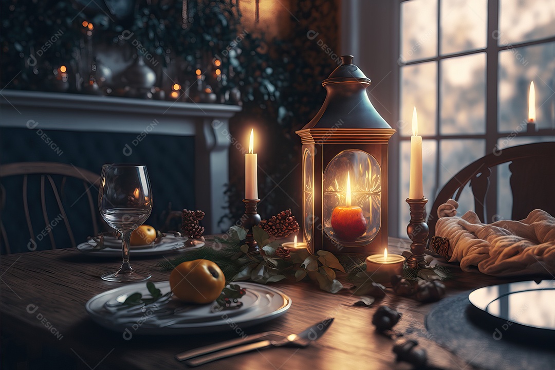 Cenário de mesa para celebração de Natal ou Ano Novo na sala de estar com lareira e árvore de Natal.