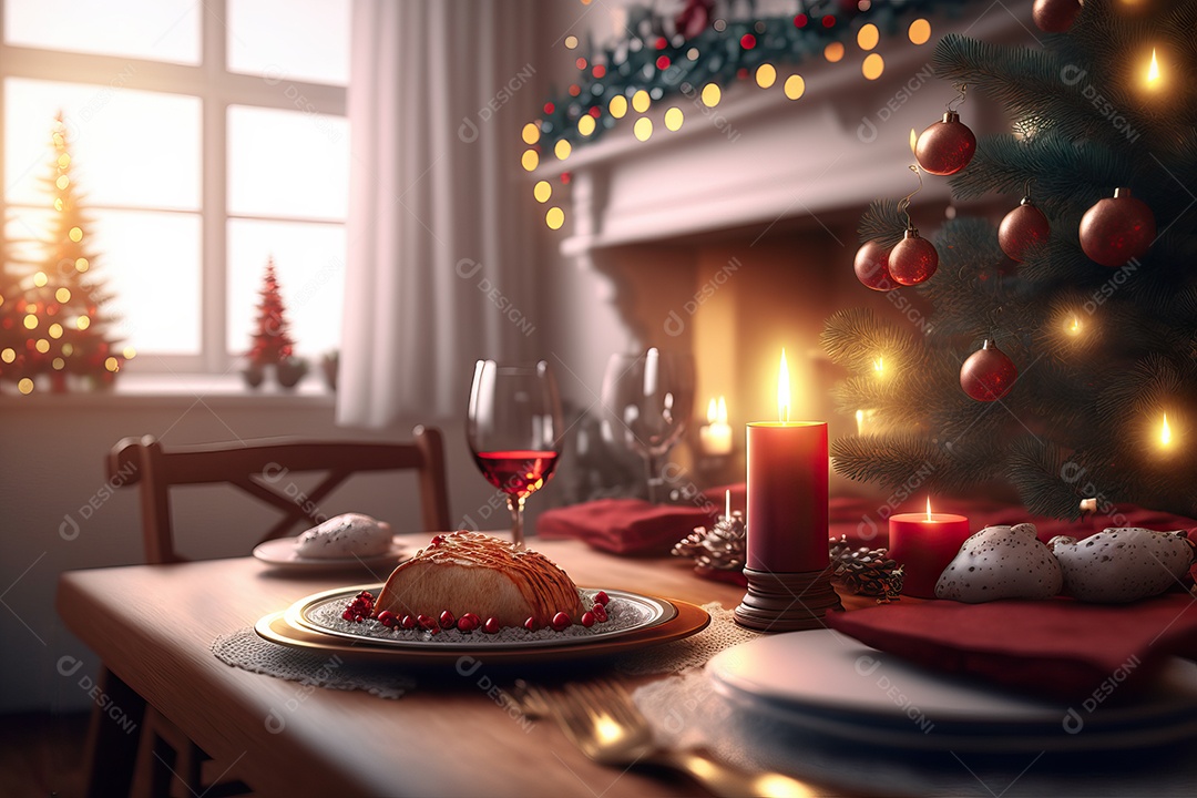 Presunto de porco assado defumado tradicional de Natal fatiado na tábua de madeira com decoração de Natal.