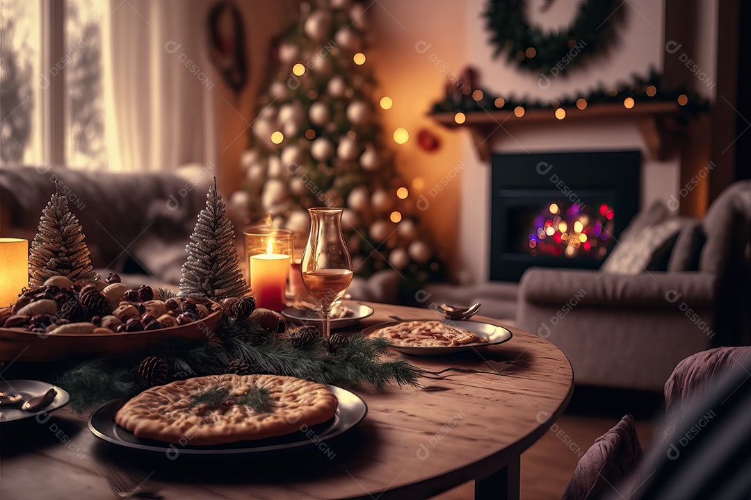 Cenário de mesa para celebração de Natal ou Ano Novo na sala de estar com lareira e árvore de Natal.