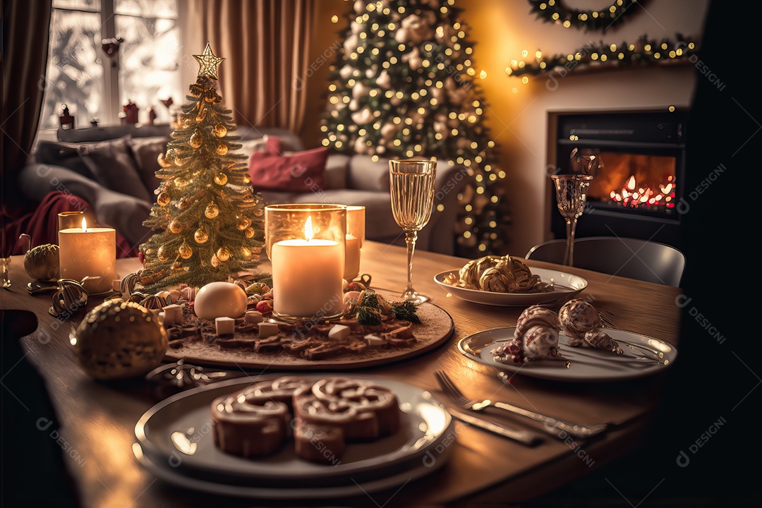 Cenário de mesa para celebração de Natal ou Ano Novo na sala de estar com lareira e árvore de Natal.