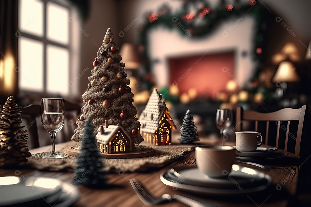 Cenário de mesa para celebração de Natal ou Ano Novo na sala de estar com lareira e árvore de Natal.
