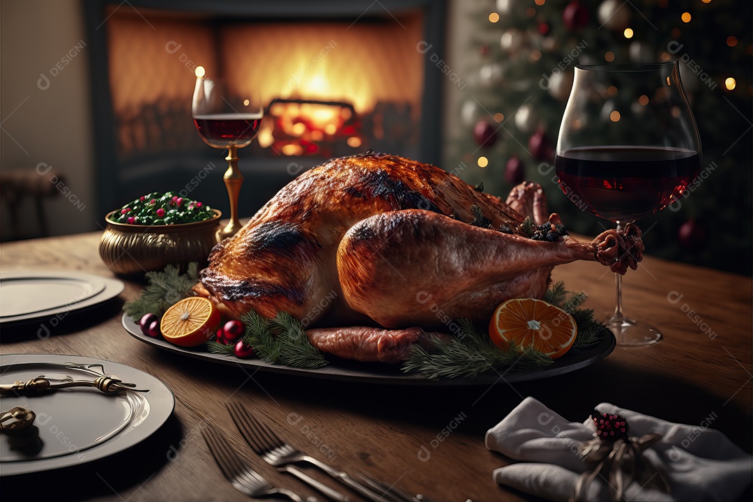 Peru assado suculento e saboroso no prato com decoração de Natal.