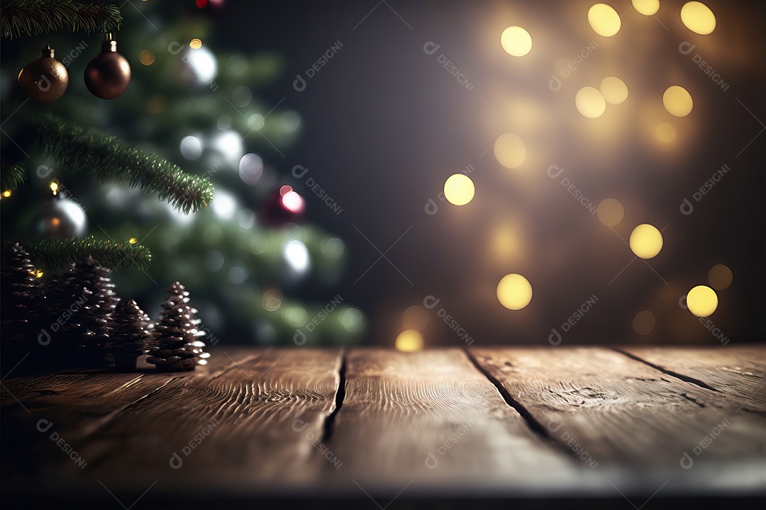 Cenário de mesa para celebração de Natal ou Ano Novo na sala de estar com lareira e árvore de Natal.