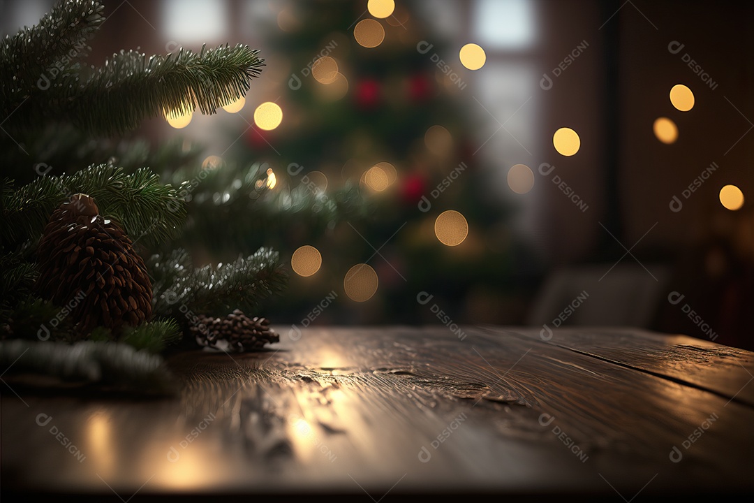 Cenário de mesa para celebração de Natal ou Ano Novo na sala de estar com lareira e árvore de Natal.