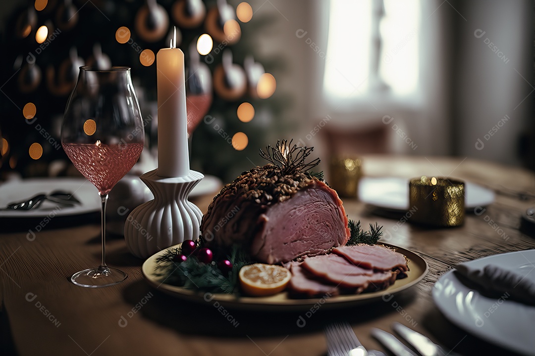 Presunto de porco assado defumado tradicional de Natal fatiado na tábua de madeira com decoração de Natal.