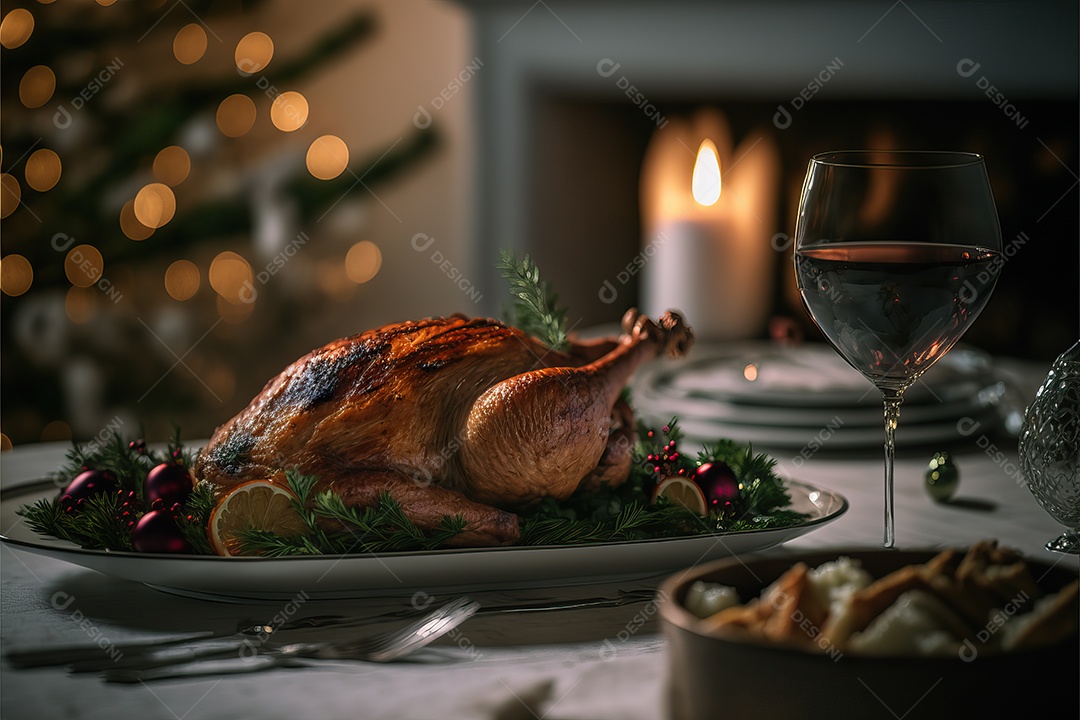 Peru assado suculento e saboroso no prato com decoração de Natal.
