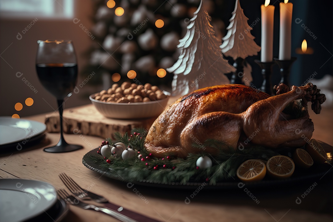 Peru assado suculento e saboroso no prato com decoração de Natal.