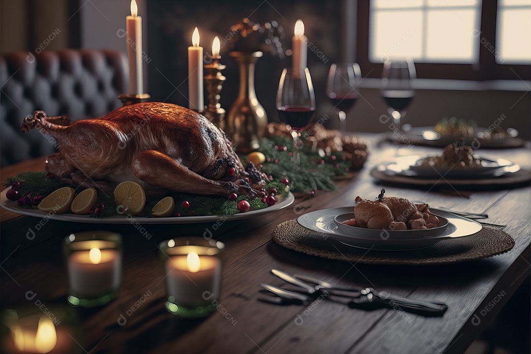 Peru assado suculento e saboroso no prato com decoração de Natal.