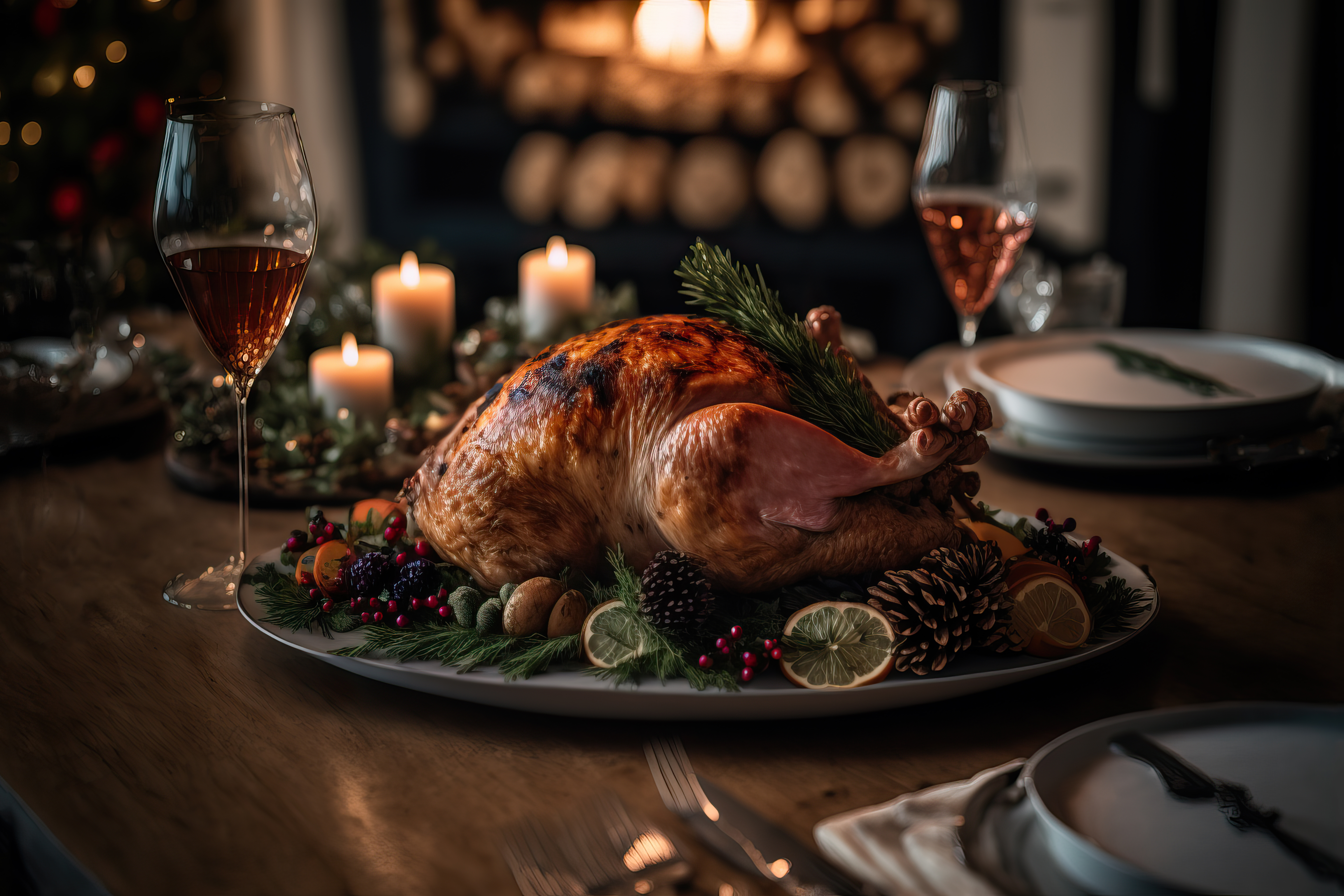 Peru assado suculento e saboroso no prato com decoração de Natal.