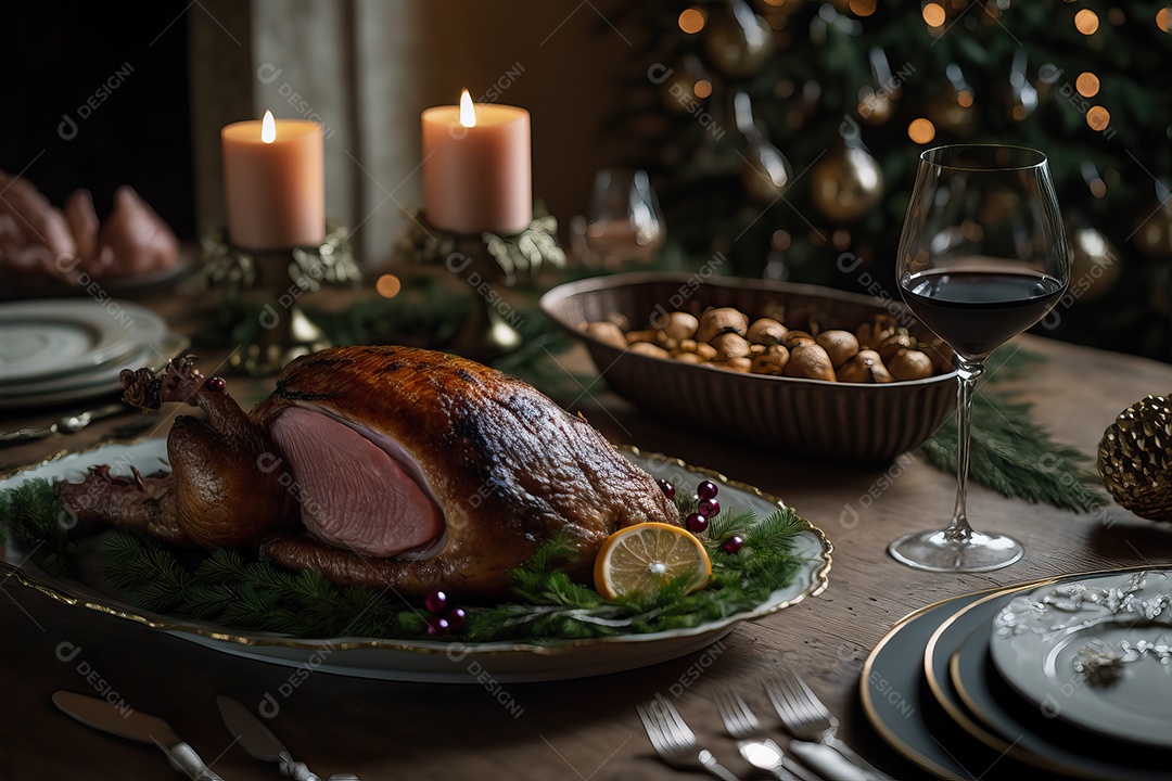Peru assado suculento e saboroso no prato com decoração de Natal.