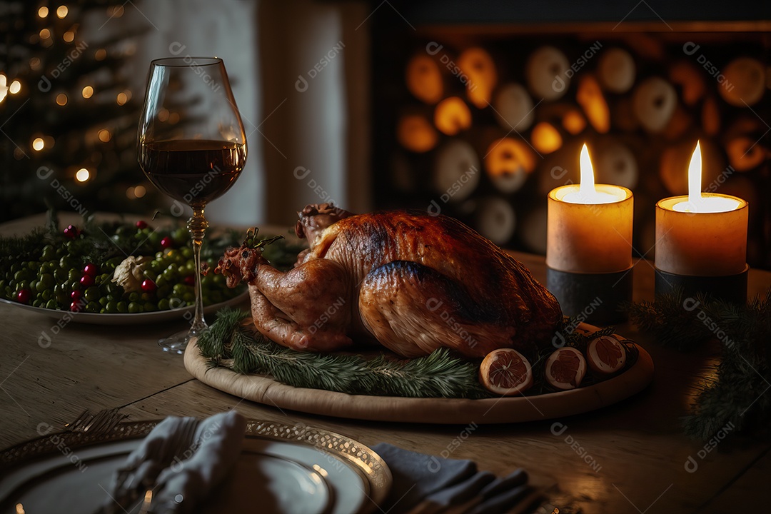 Peru assado suculento e saboroso no prato com decoração de Natal.