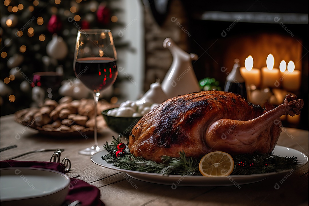 Peru assado suculento e saboroso no prato com decoração de Natal.