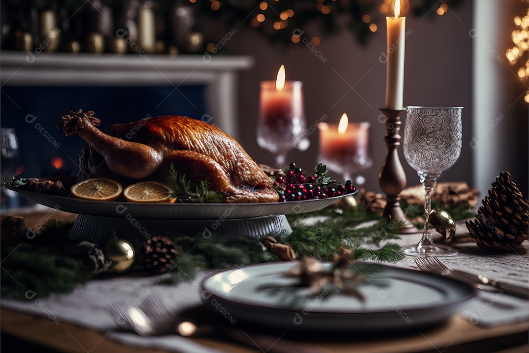 Peru assado suculento e saboroso no prato com decoração de Natal.