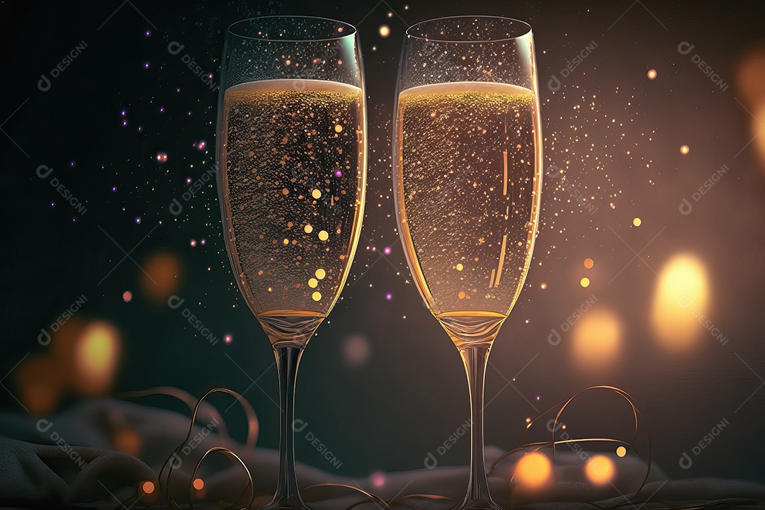 Dois copos e uma garrafa de champanhe na véspera de Ano Novo com fundo de praia e fogos de artifício no céu.