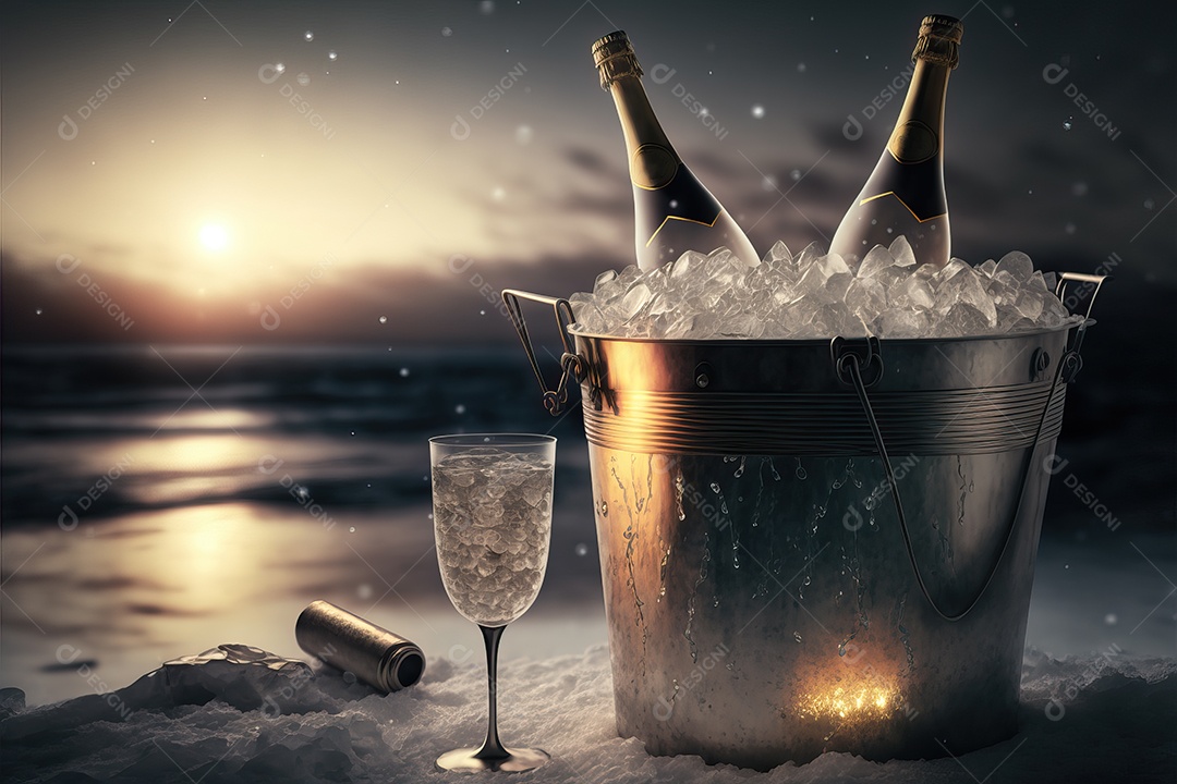 Dois copos e uma garrafa de champanhe na véspera de Ano Novo com fundo de praia e fogos de artifício no céu.