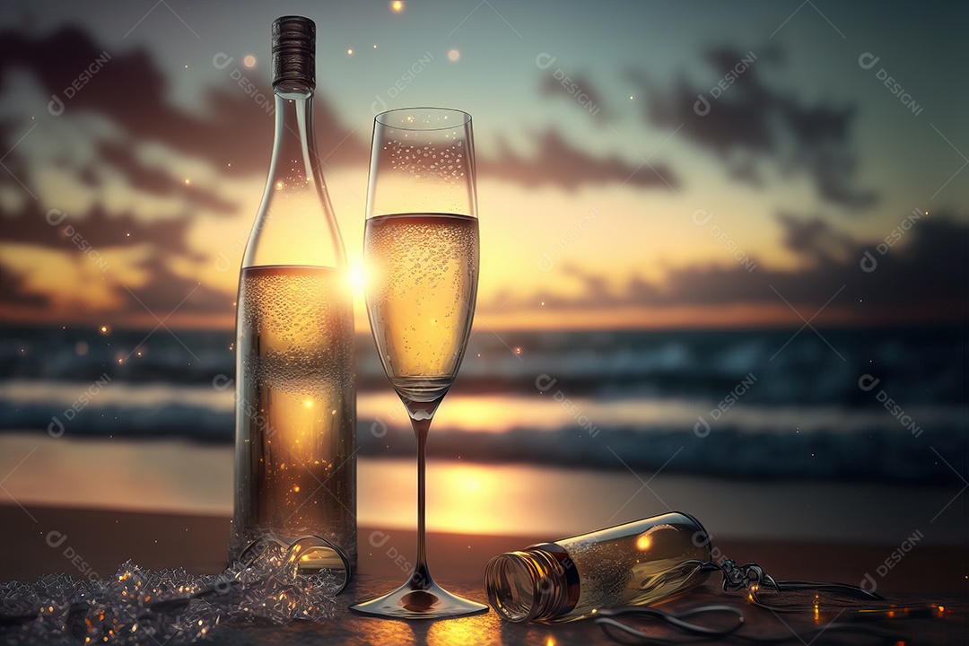 Dois copos e uma garrafa de champanhe na véspera de Ano Novo com fundo de praia e fogos de artifício no céu.