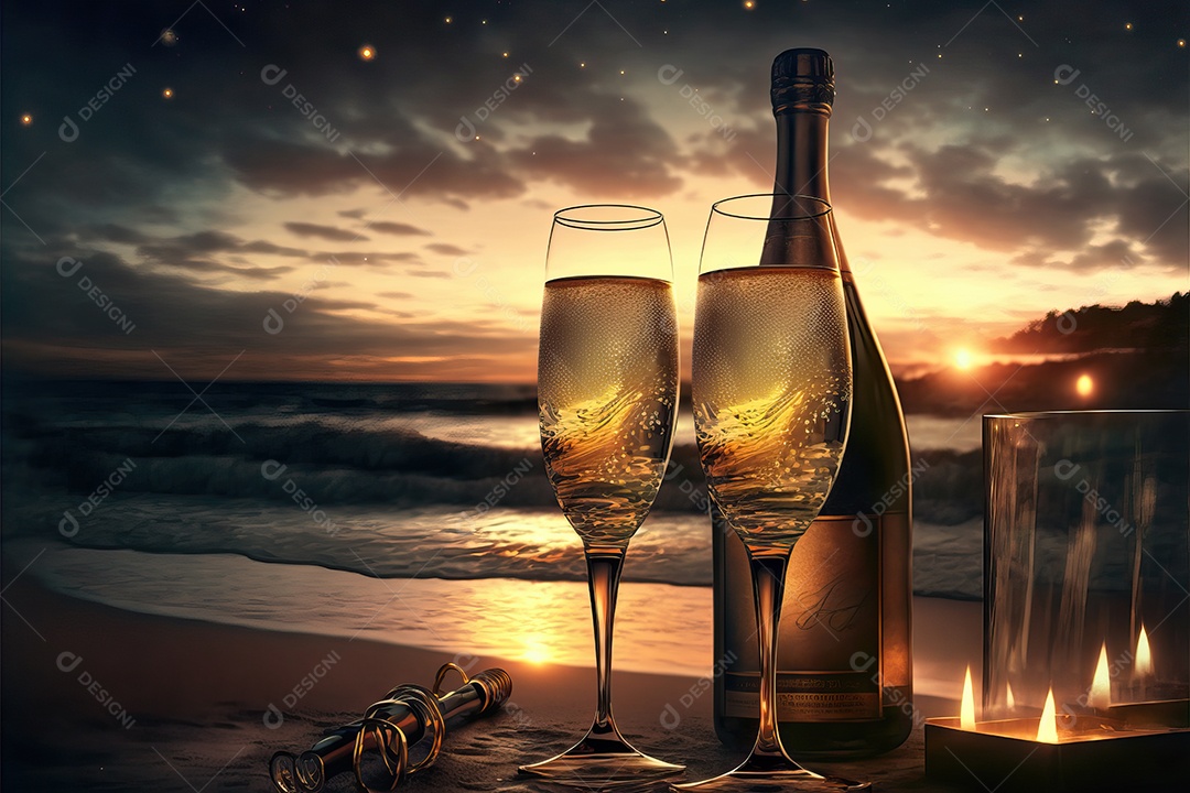 Dois copos e uma garrafa de champanhe na véspera de Ano Novo com fundo de praia e fogos de artifício no céu.
