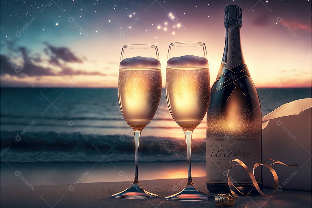 Dois copos e uma garrafa de champanhe na véspera de Ano Novo com fundo de praia e fogos de artifício no céu.