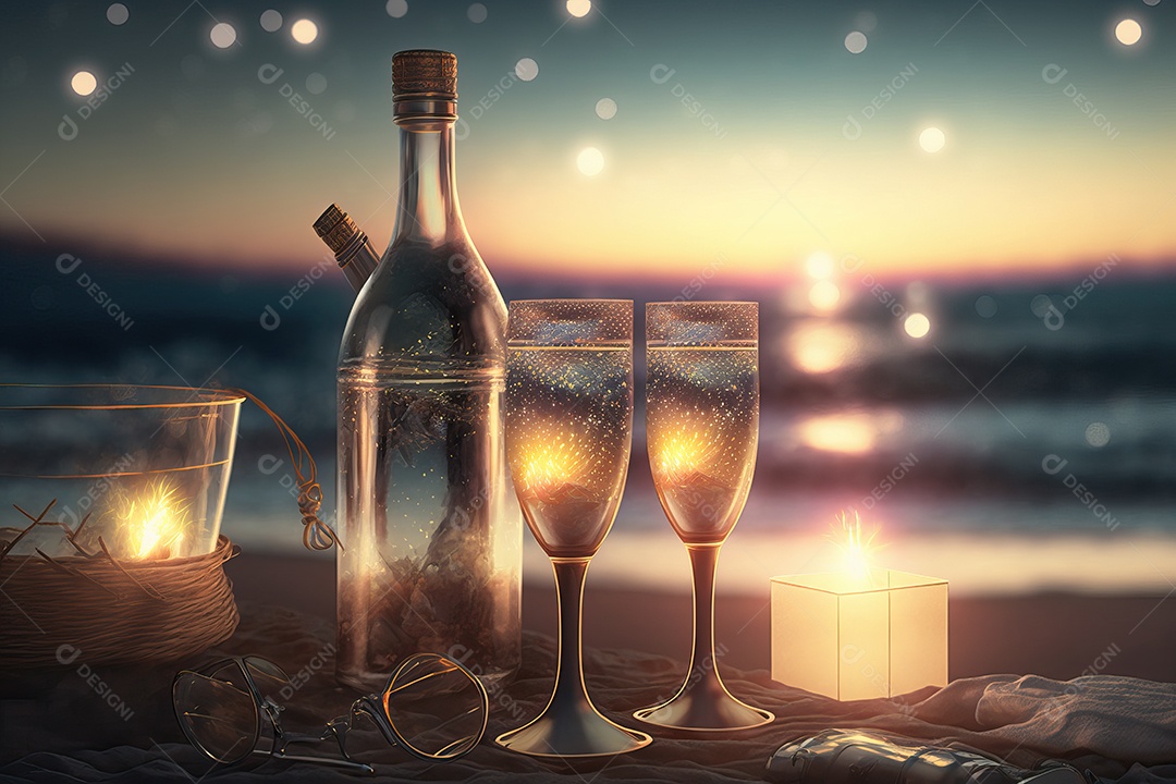 Dois copos e uma garrafa de champanhe na véspera de Ano Novo com fundo de praia e fogos de artifício no céu.