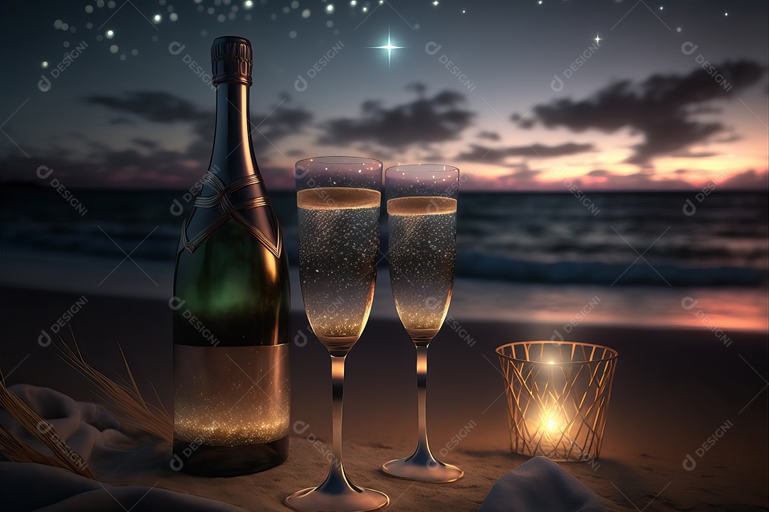 Dois copos e uma garrafa de champanhe na véspera de Ano Novo com fundo de praia e fogos de artifício no céu.
