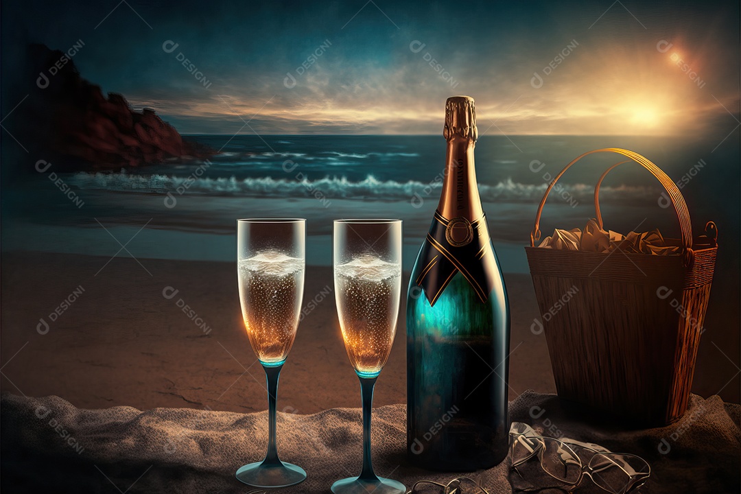 Dois copos e uma garrafa de champanhe na véspera de Ano Novo com fundo de praia e fogos de artifício no céu.