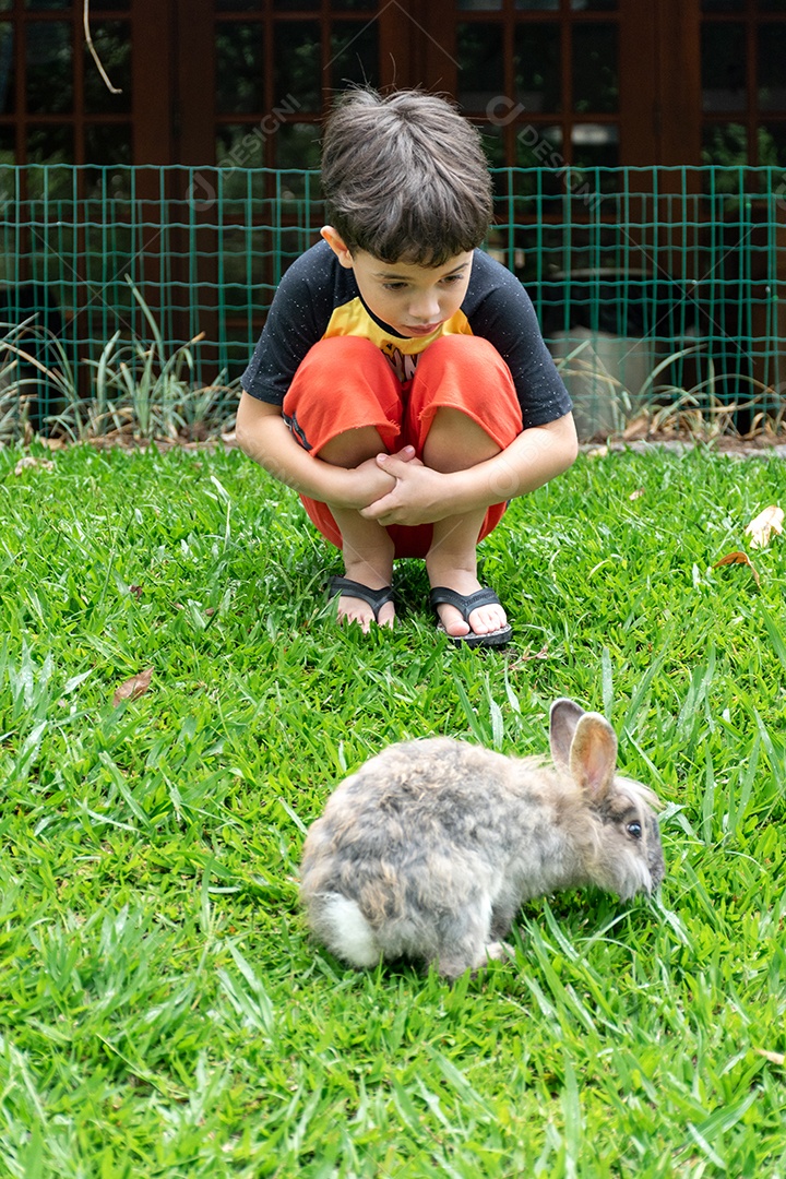 Criança acariciando brincando com um coelho nas férias de verão.