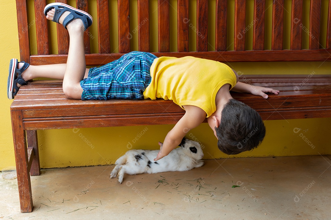 Criança acariciando fazendo carinho em um coelho nas férias de verão.