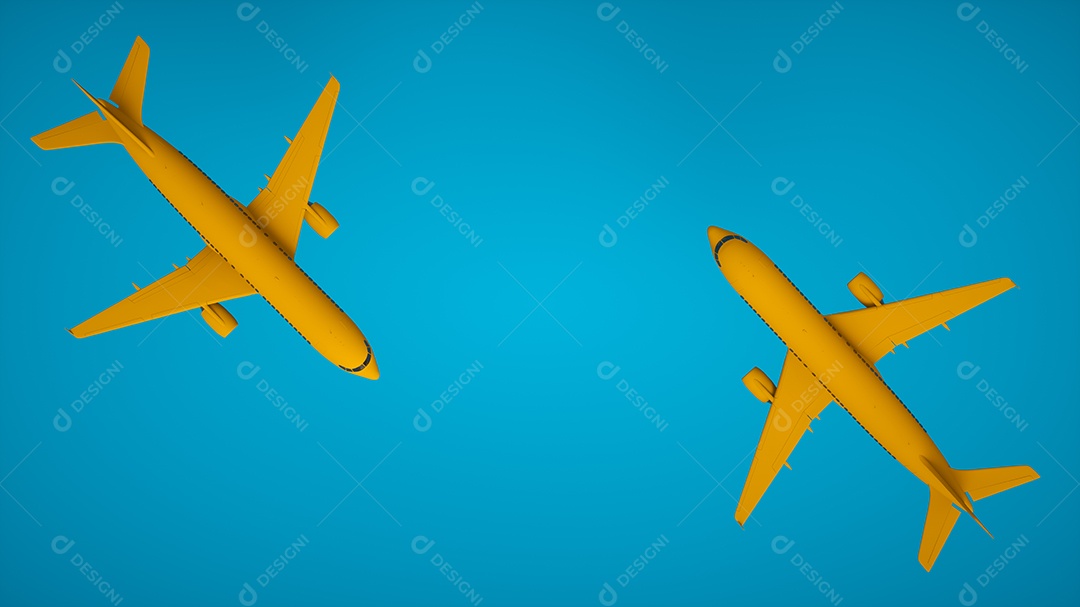 Avião de renderização 3D realista. Duas aeronaves amarelas sobre fundo azul, vista superior.