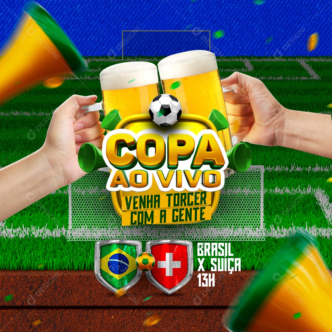 Copa ao Vivo Venha Torcer com a Gente Brasil x Suíça Copa do Mundo Social Media PSD Editável