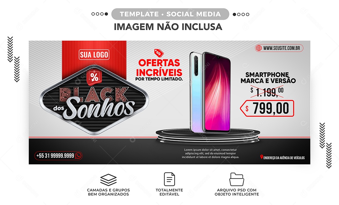 Banner Black Sonhos Ofertas Incríveis Black Friday Loja de Celulares Social Media PSD Editável