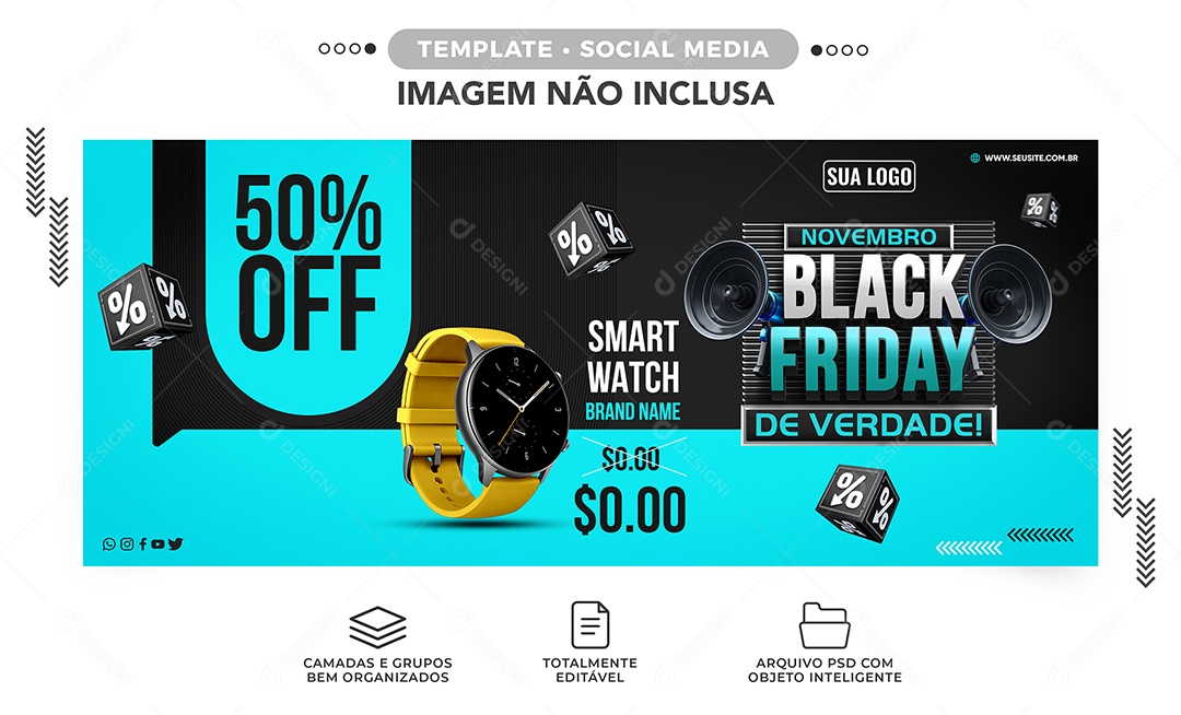 Banner Novembro 50% Off Black Friday Loja de Relógios Social Media PSD Editável