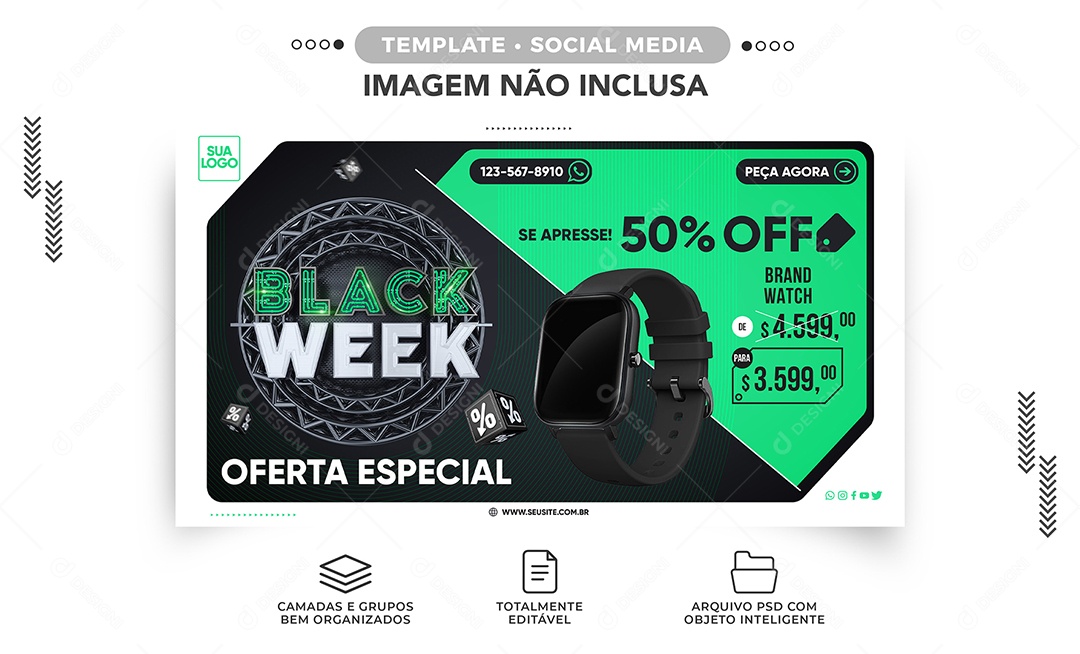 Banner Black Week Especial Oferta Smart Wacth Black Friday Loja de Relógio Social Media PSD Editável