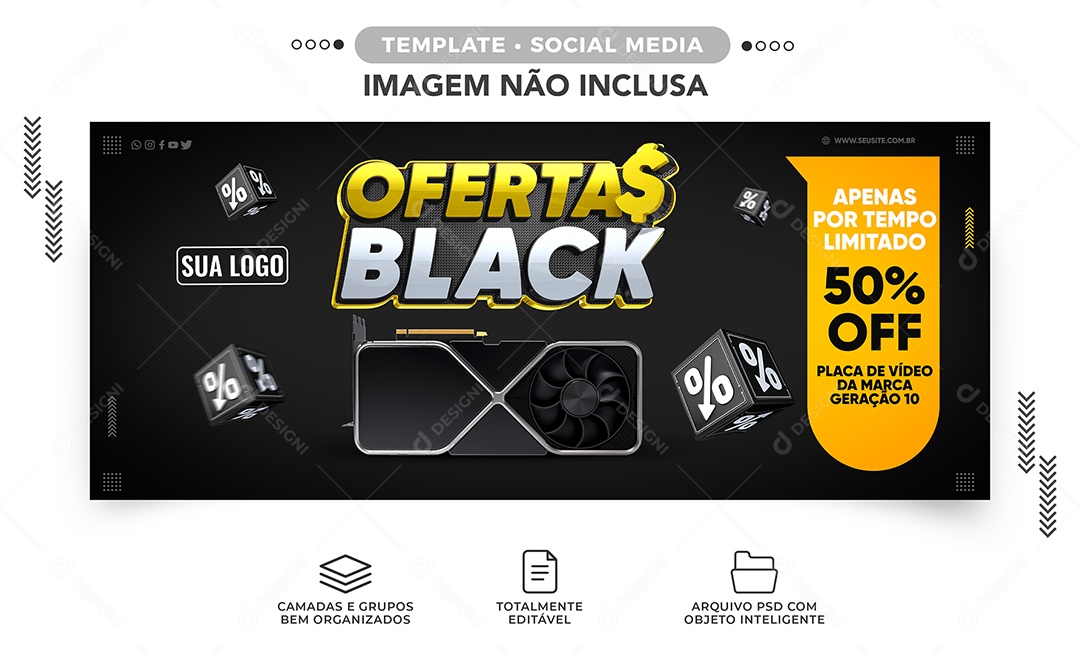 Banner Placa de Vídeo 50% Off Black Friday Lojas de Eletrônicos Social Media PSD Editável