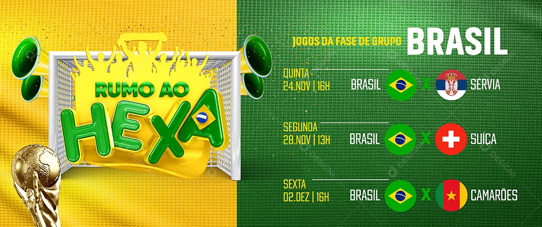 Banner Rumo ao Hexa Jogos da Fase de Grupo Brasil Social Media PSD Editável