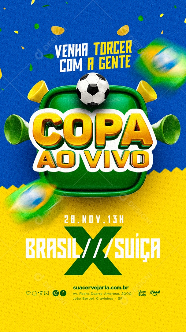 Venha Torcer com a Gente Brasil x Suiça Copa do Mundo Social Media PSD Editável