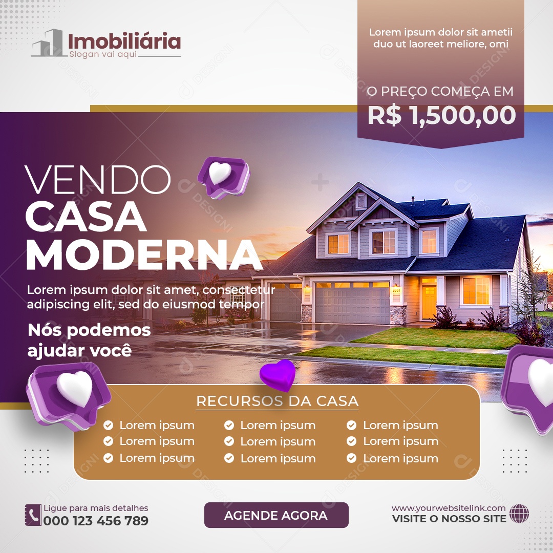 Social Media Imobiliária Vendo Casa Moderna PSD Editável