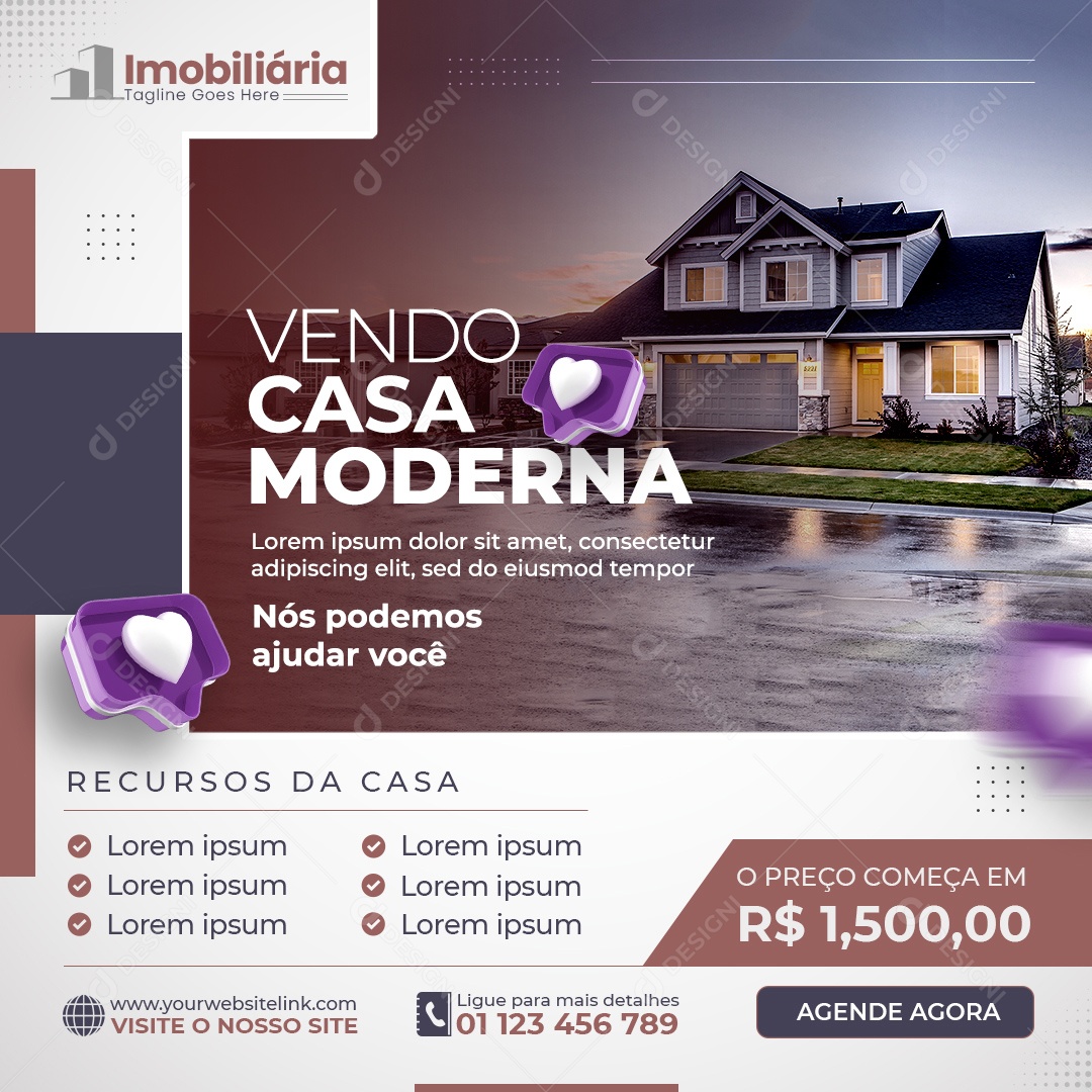 Social Media Imobiliária Vendo Casa Moderna PSD Editável