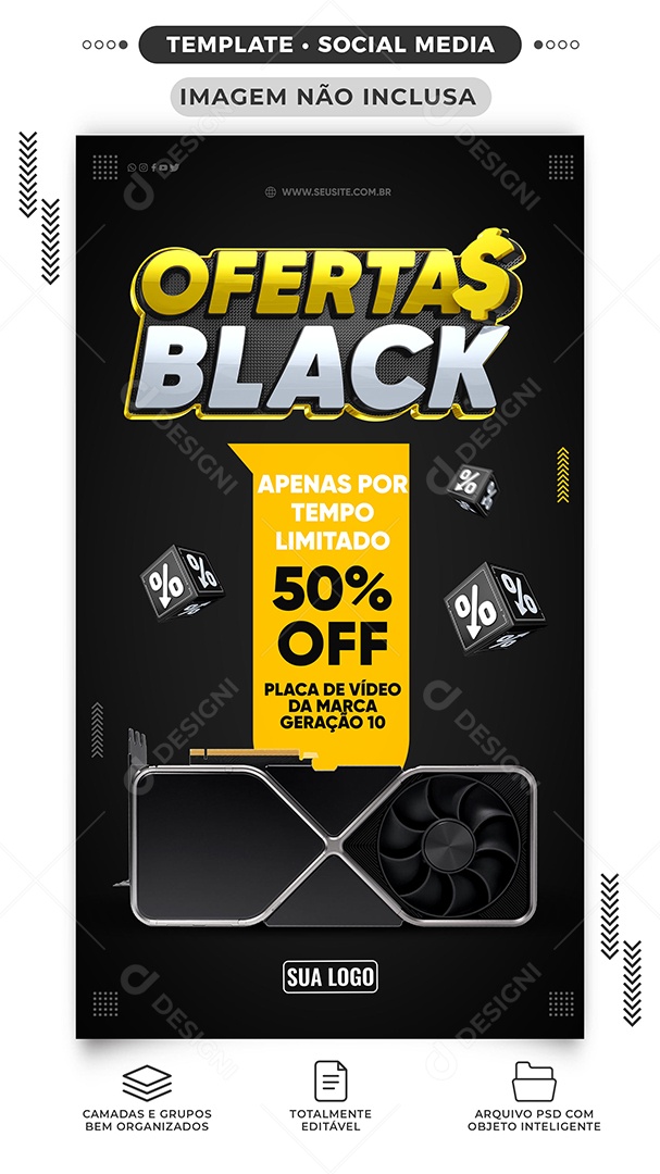 Story Placa de Vídeo 50% Off Black Friday Lojas de Eletrônicos Social Media PSD Editável
